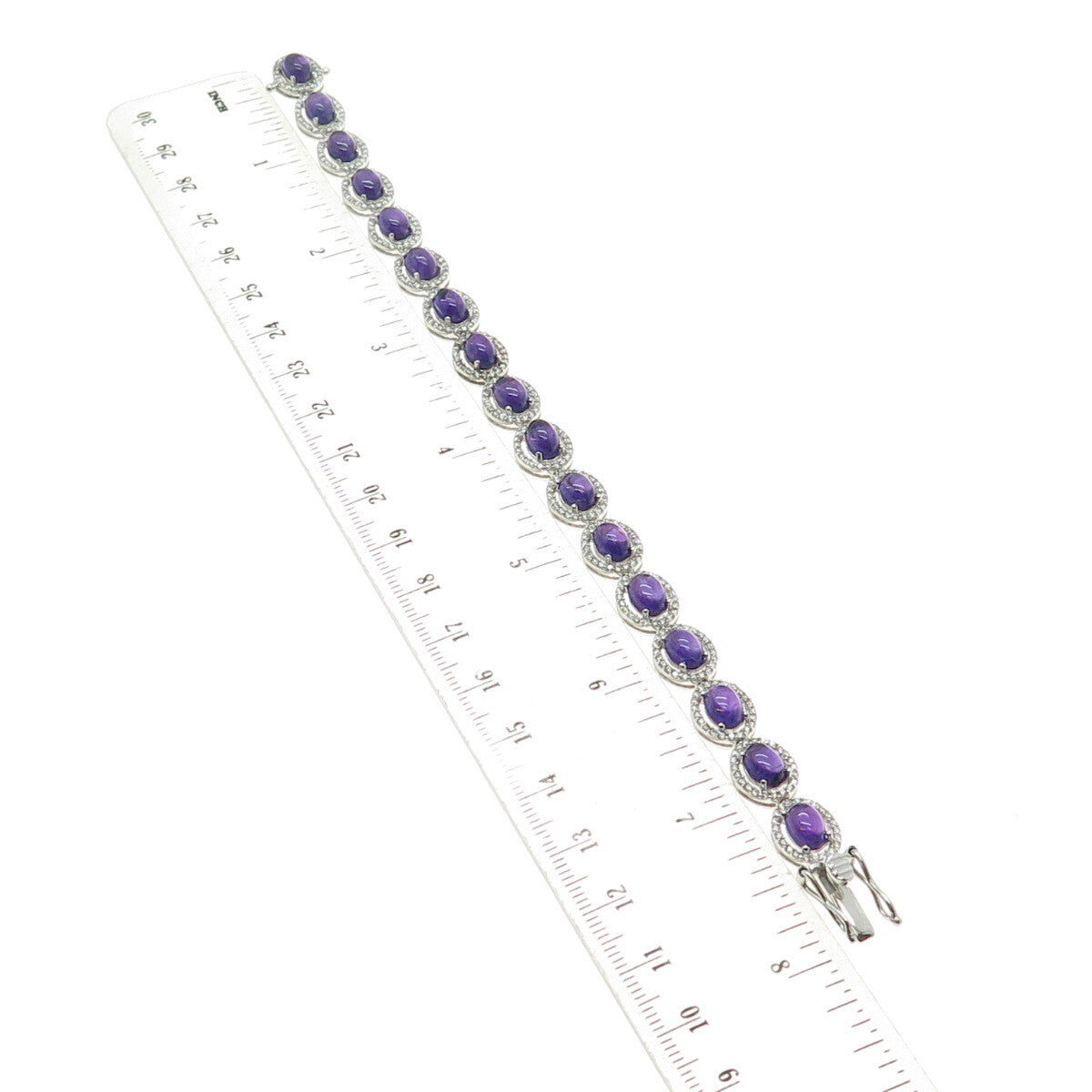 DSMK 925 Sterling Silver Amethyst & White Topaz Gem Tennis Link Bracelet 7.5"
