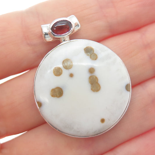 925 Sterling Silver Vintage Real Agate & Red Garnet Modernist Slide Pendant