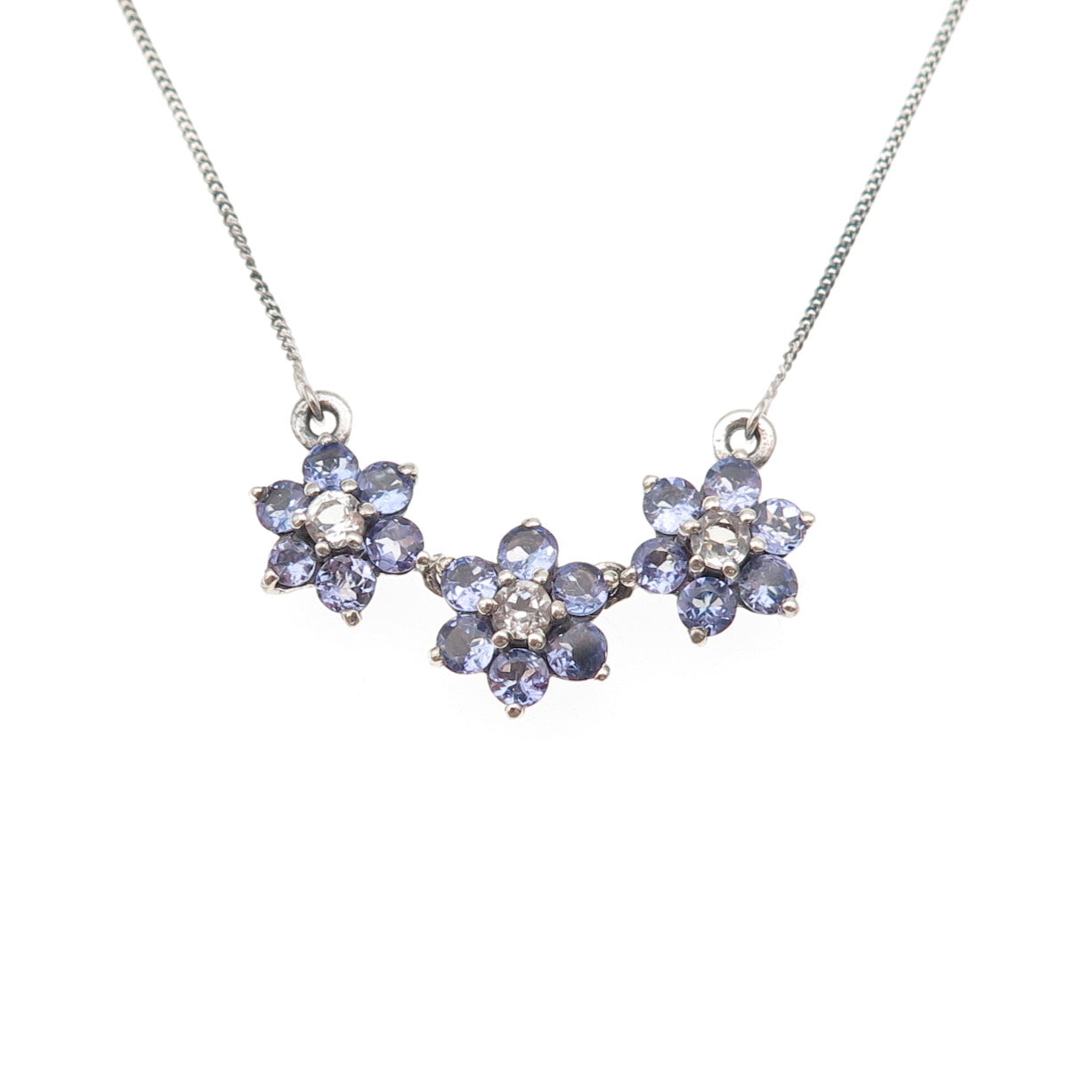 925 Sterling Silver Real Tanzanite & White Topaz Floral Cuban Chain Necklace 20"