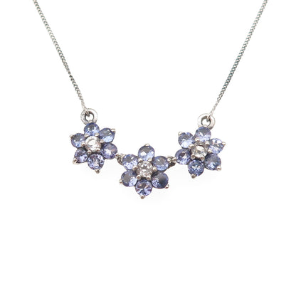 925 Sterling Silver Real Tanzanite & White Topaz Floral Cuban Chain Necklace 20"