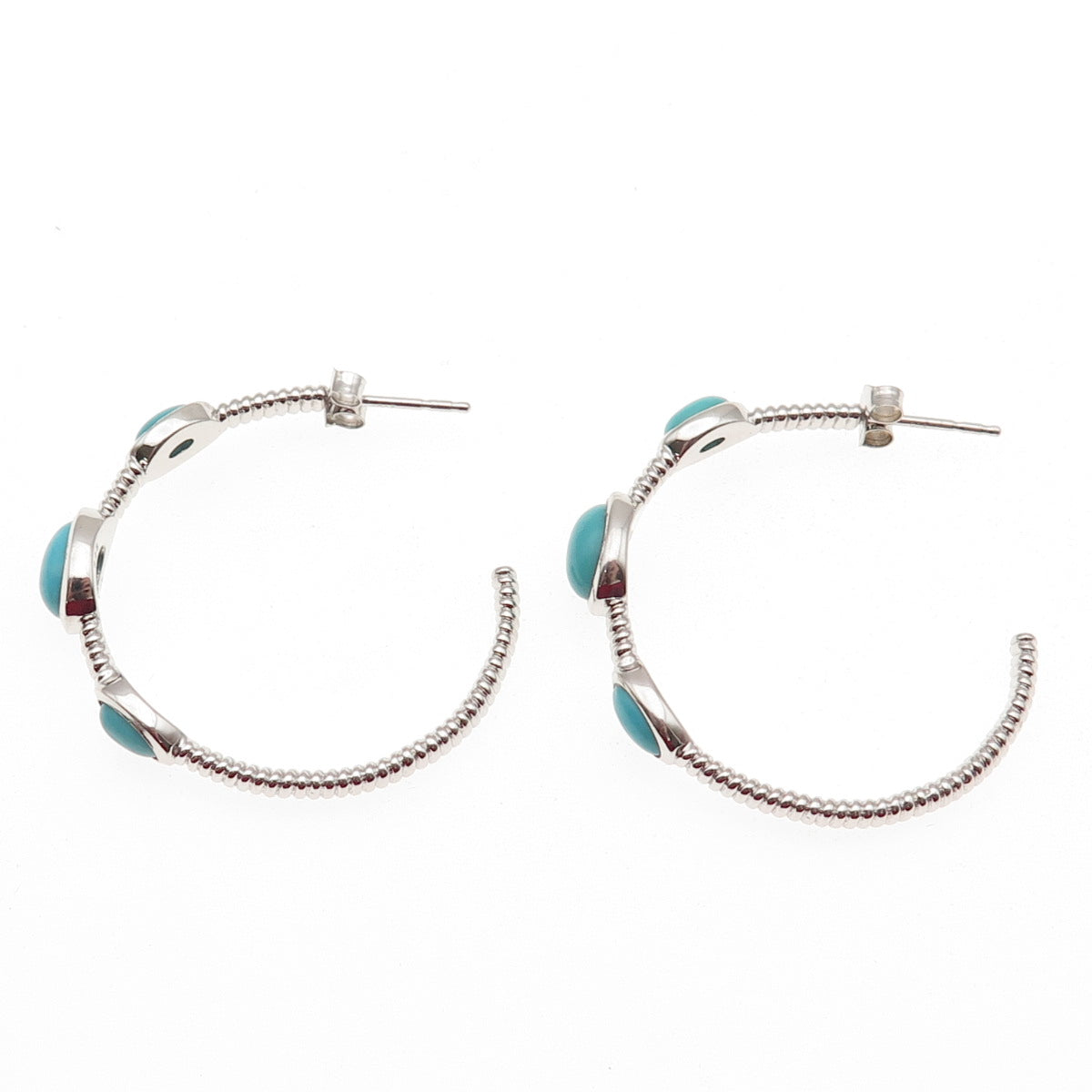 925 Sterling Silver Real Turquoise Station Hoop Earrings