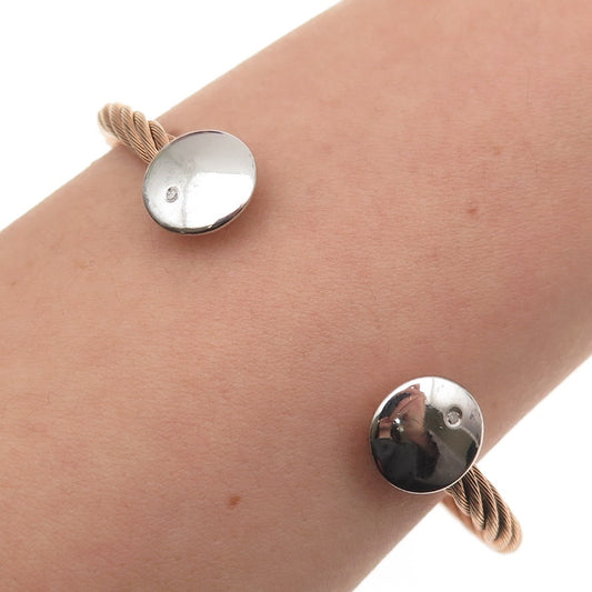 925 Sterling Accent & Stainless Steel Real Diamond Adjustable Bracelet 7.25"