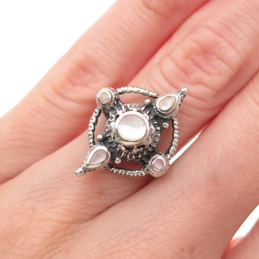 925 Sterling Silver Vintage Real Mother-of-Pearl Oxidized Ring Size 5.5