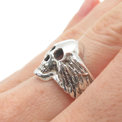925 Sterling Silver Vintage Skull & Wings Oxidized Biker Ring Size 7