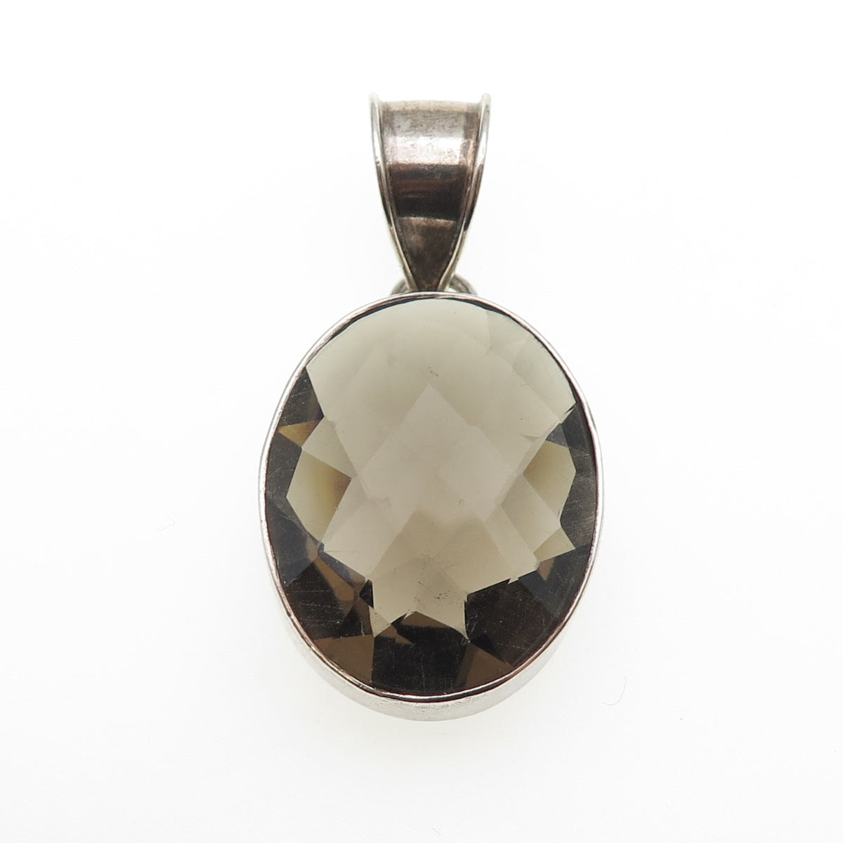 925 Sterling Silver Vintage Real Oval-Cut Smoky Quartz Oxidized Pendant