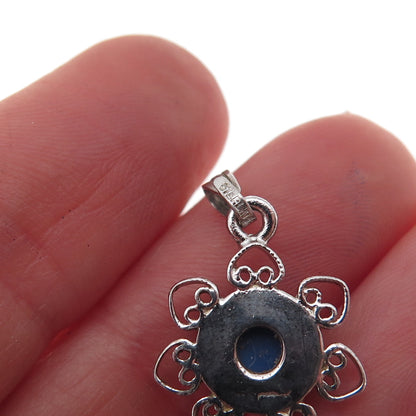 925 Sterling Silver Antique Art Deco Lab-Created Star Sapphire Floral Pendant
