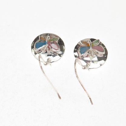 925 Sterling Silver Real Multi-Color MOP Butterfly Disc Dangle Earrings