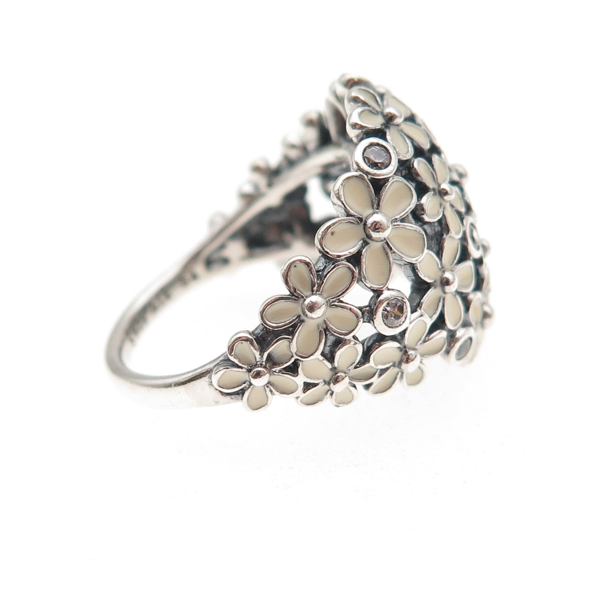 Pandora 925 Sterling Silver Enamel & C Z Darling Daisy Bouquet Ring Size 7