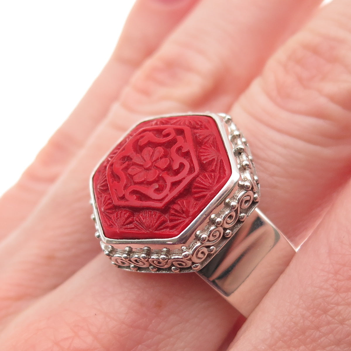 SAJEN 925 Sterling Silver Vintage Carved Red Cinnabar Adjustable Ring Size 10