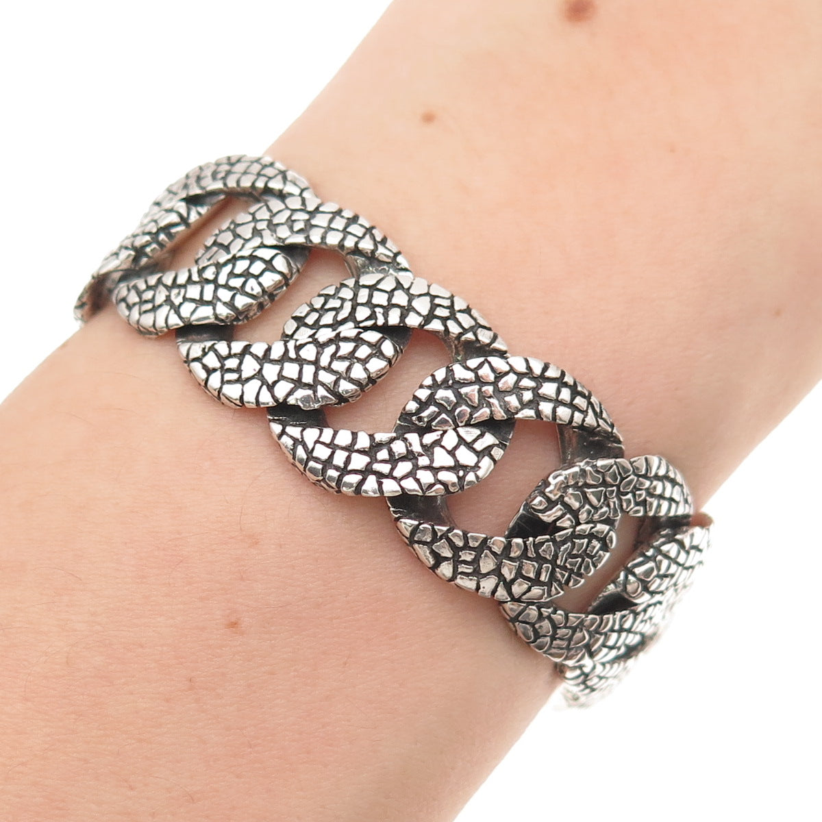 925 Sterling Silver Vintage Dragon Skin Oxidized Cuban Link Bracelet 8.5"