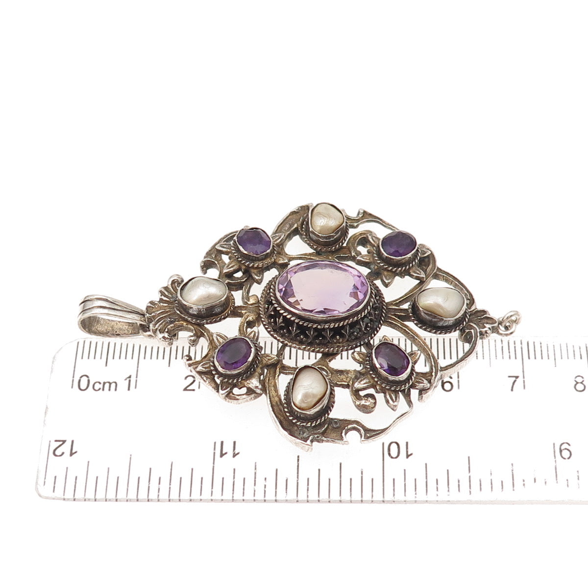 925 Sterling Silver Antique Victorian Real Amethyst & Pearl Oxidized Pendant