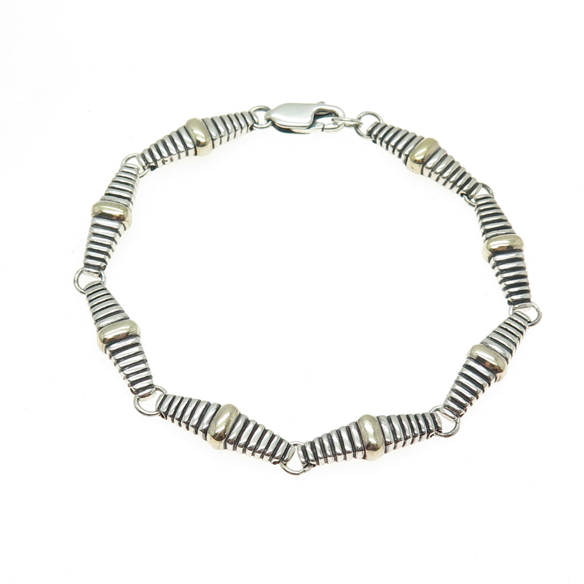 925 Sterling Silver 2-Tone Vintage Ribbed Bar Link Oxidized Bracelet 6.75"