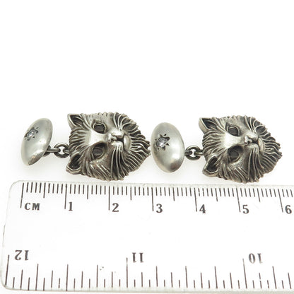 925 Sterling Silver Vintage Real Round-Cut Diamond Persian Cat Cufflinks