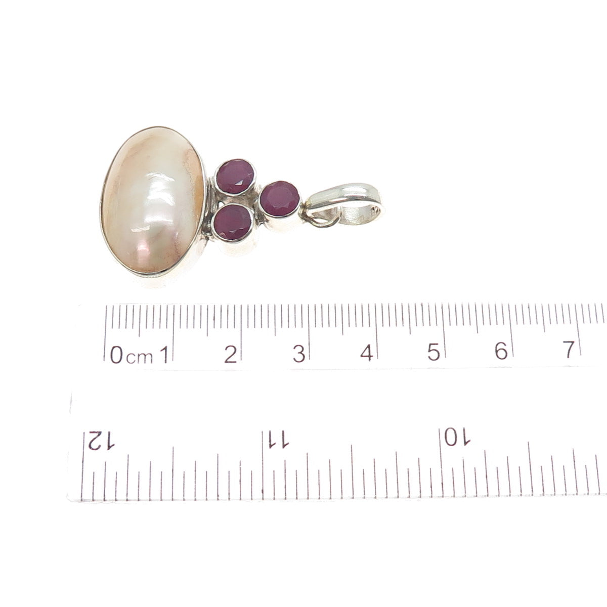 925 Sterling Silver Vintage Real MOP & Ruby Modernist Charm Pendant