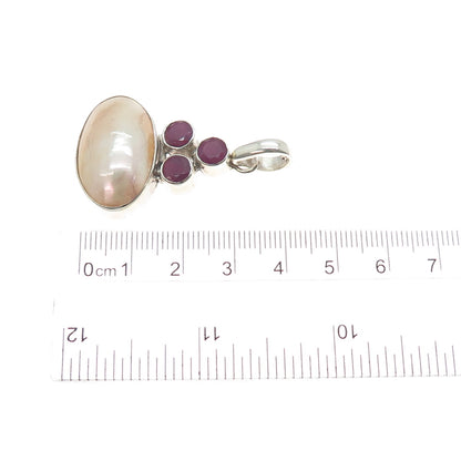 925 Sterling Silver Vintage Real MOP & Ruby Modernist Charm Pendant