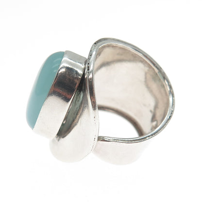 925 Sterling Silver Vintage Real Blue Chalcedony Gem Adjustable Ring Size 7