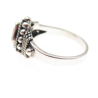 925 Sterling Silver Vintage Real Red Garnet Beaded Oxidized Ring Size 9