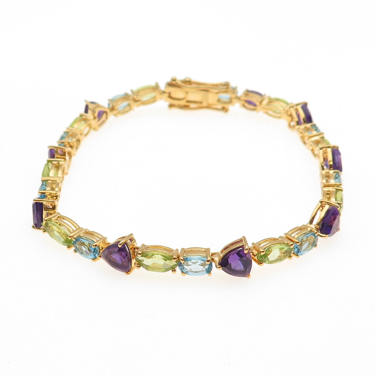 925 Sterling Gold Plated Vintage Real Blue Topaz Peridot Amethyst Bracelet 7.75"