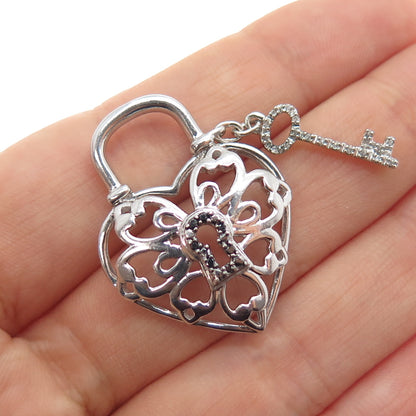 JANE SEYMOUR Sterling Silver Real Black & White Diamond Heart Lock Key Pendant