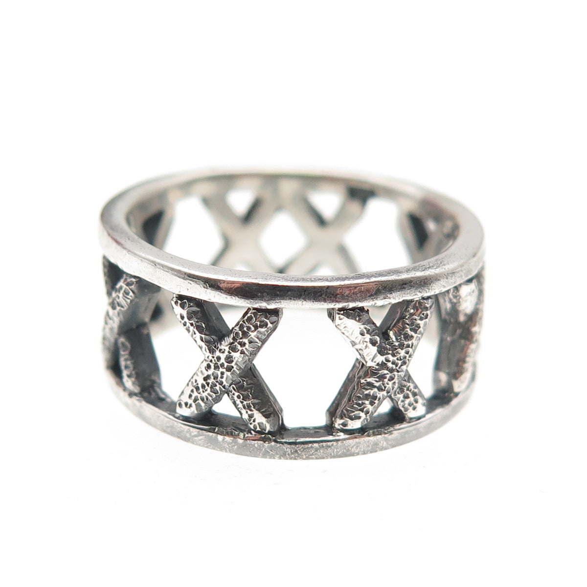 925 Sterling Silver Vintage Modernist X-Shape Oxidized Band Ring Size 7