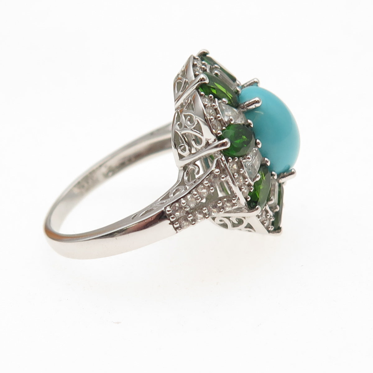 925 Sterling Silver Real Turquoise Peridot & White Topaz Ring Size 8.25