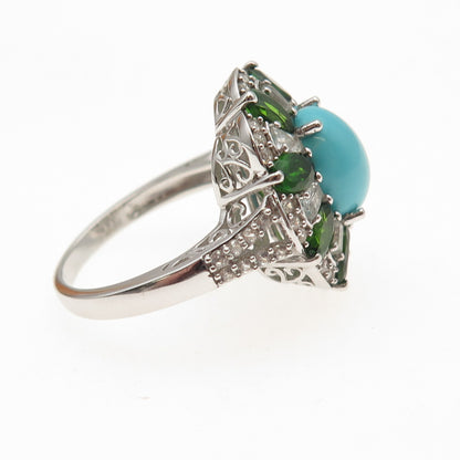 925 Sterling Silver Real Turquoise Peridot & White Topaz Ring Size 8.25