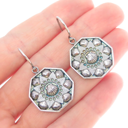 925 Sterling Silver Vintage Modernist Seashell Oxidized Dangle Earrings
