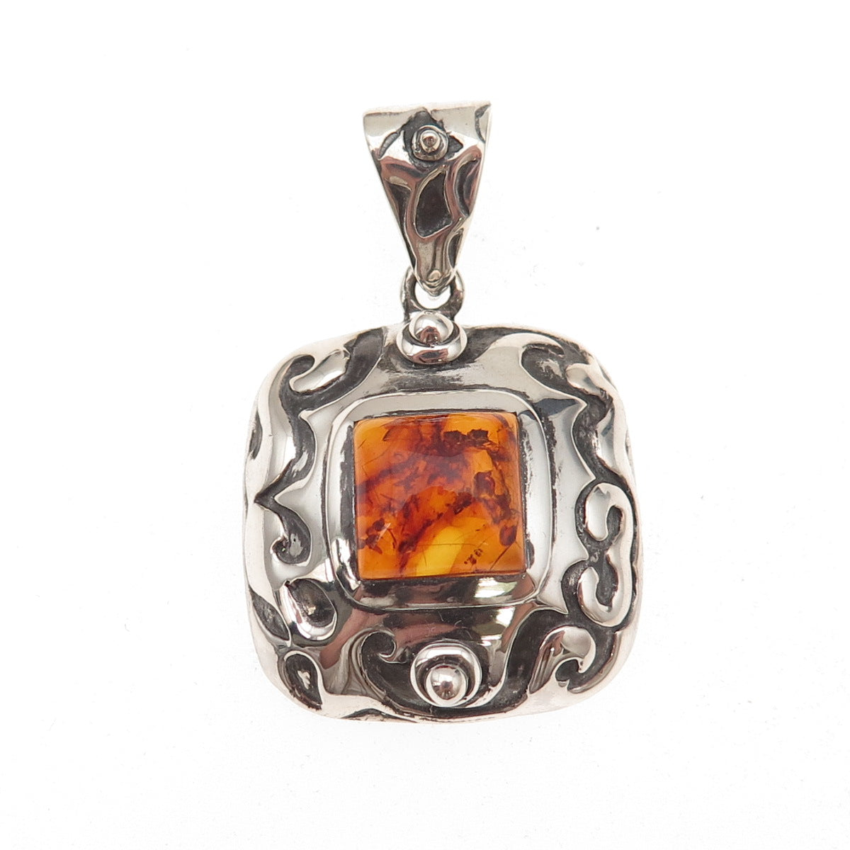 925 Sterling Silver Vintage Real Amber Ornate Oxidized Charm Pendant