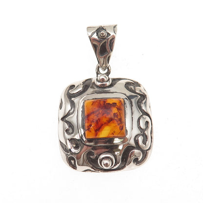 925 Sterling Silver Vintage Real Amber Ornate Oxidized Charm Pendant