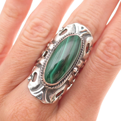 925 Sterling Vintage Mexico Real Malachite Adjustable Poison Ring Size 8.75