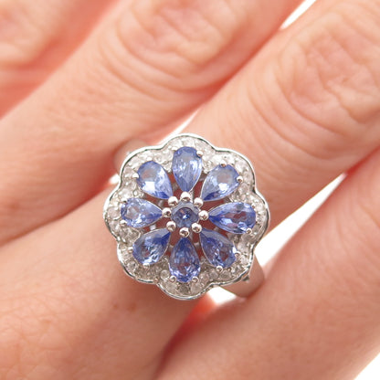 Chuck Clemency 925 Sterling Silver Real Tanzanite & White Topaz Ring Size 8.25