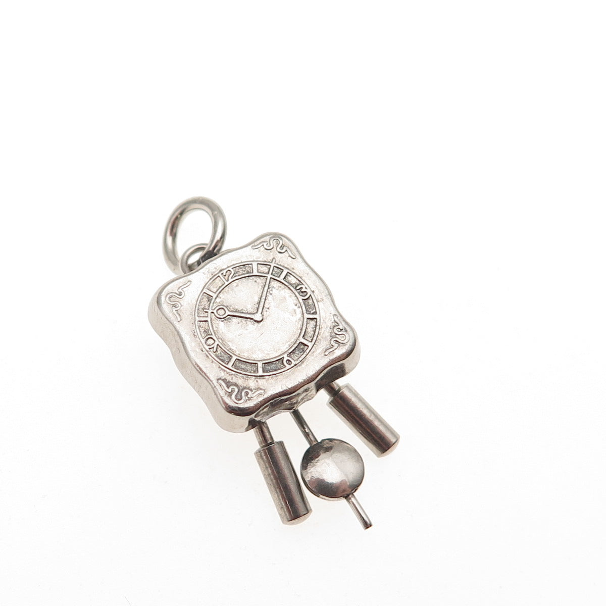 800 Silver Antique Art Deco Pendulum Clock 3D Mini Charm Pendant
