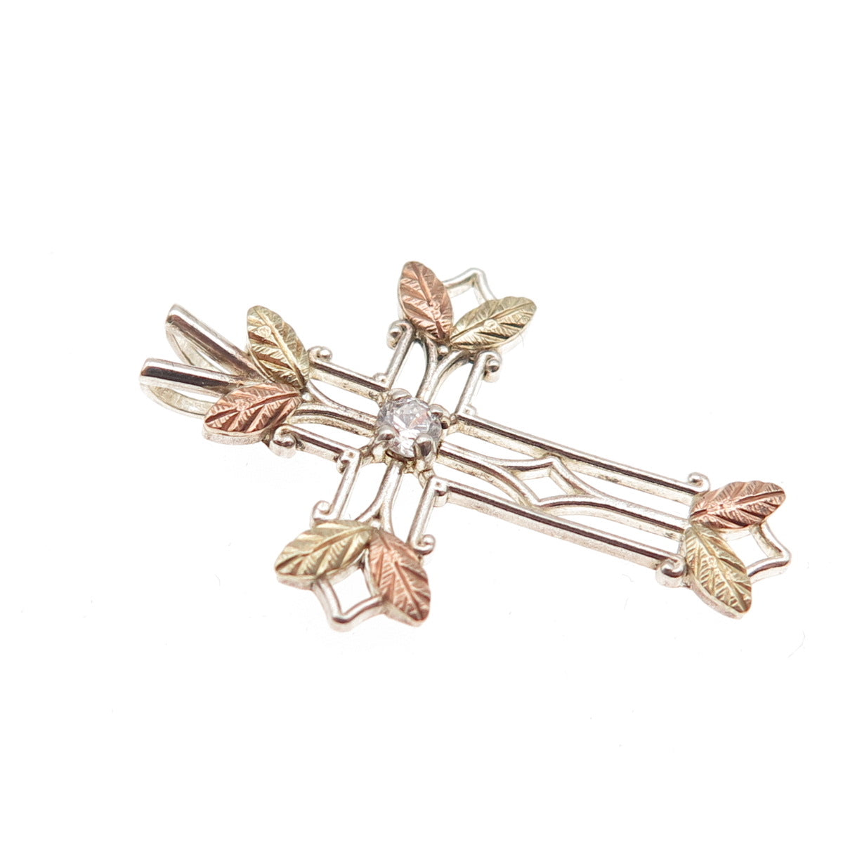 COLEMAN Sterling Silver 12K Rose & Yellow Gold Vintage C Z Floral Cross Pendant