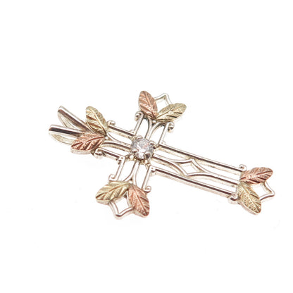 COLEMAN Sterling Silver 12K Rose & Yellow Gold Vintage C Z Floral Cross Pendant
