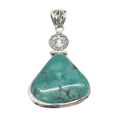 925 Sterling Silver Vintage Real Kingman Turquoise & Blue Topaz Pendant