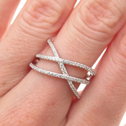 925 Sterling Silver Round-Cut C Z Crisscross Ring Size 7