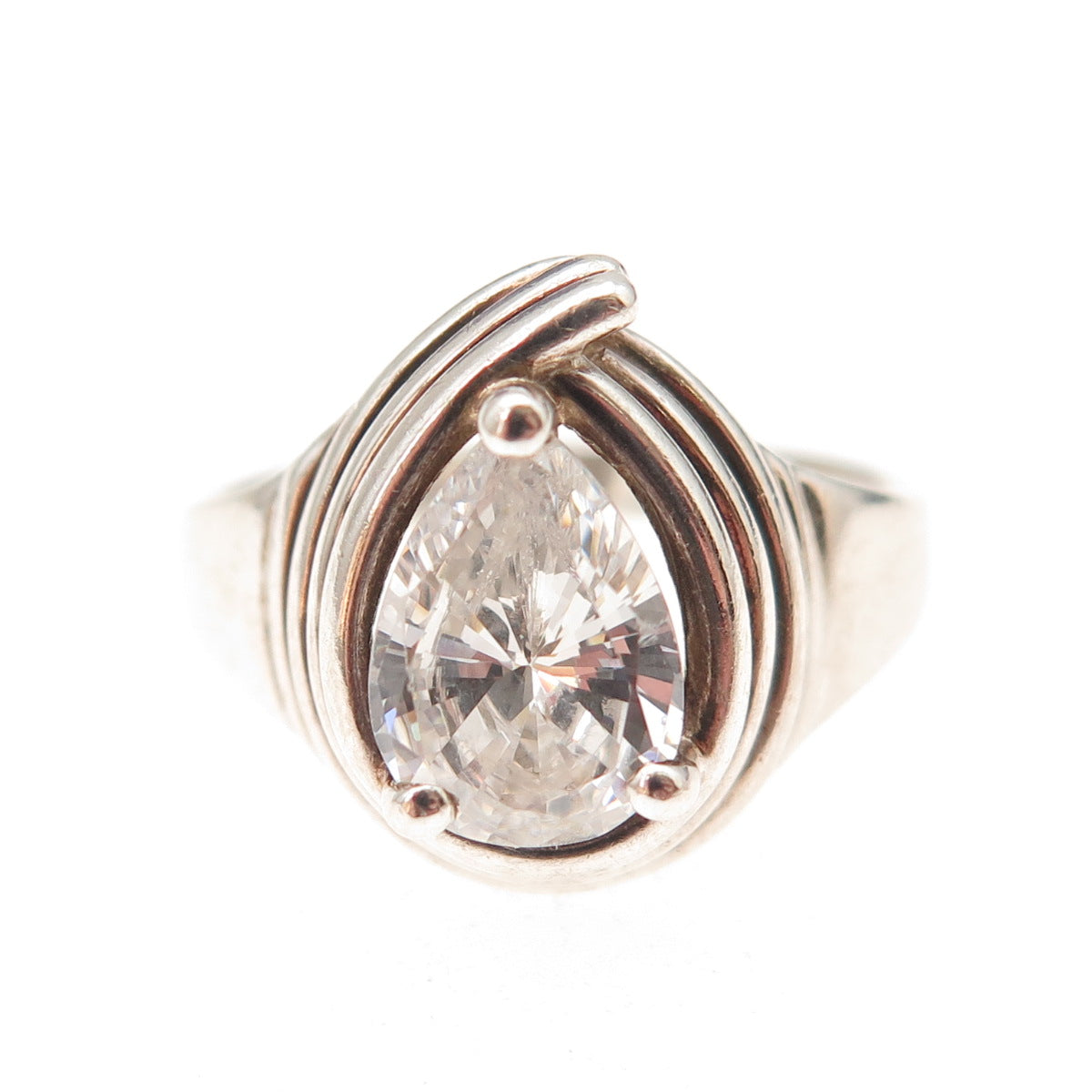 925 Sterling Silver Vintage Pear-Cut C Z Modernist Oxidized Ring Size 8.25