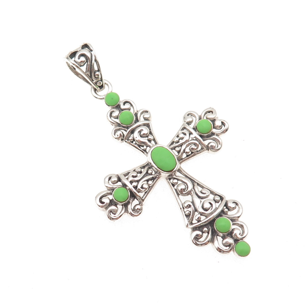 SX Sally C 925 Sterling Vintage Real Lime Green Turquoise Cross Charm Pendant