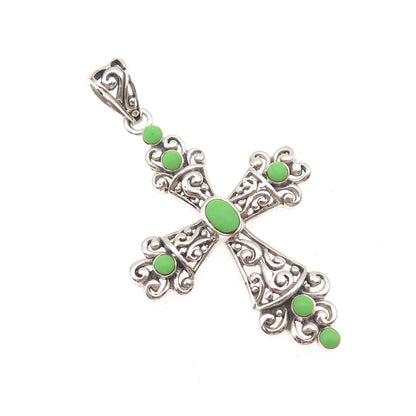 SX Sally C 925 Sterling Vintage Real Lime Green Turquoise Cross Charm Pendant