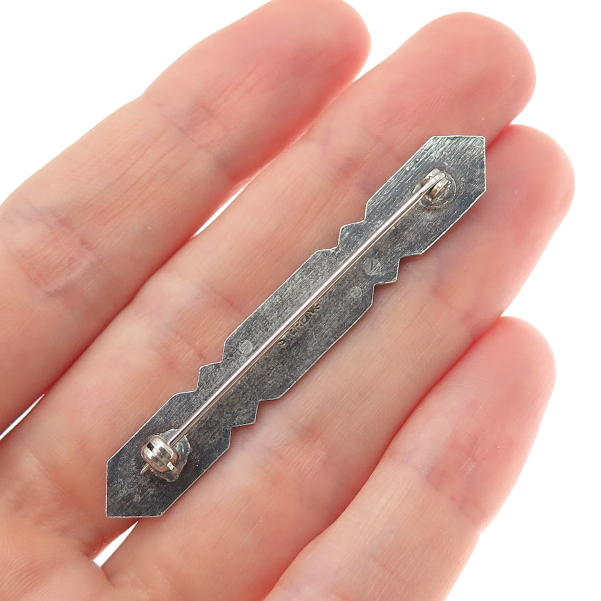 925 Sterling Silver Vintage Flower Blossom Bar Oxidized Pin Brooch