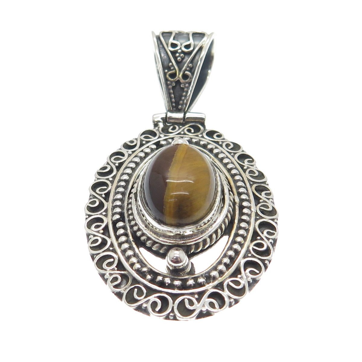 925 Sterling Silver Vintage Real Tiger Eye Boho Ornate Pendant