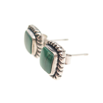 Quoc Turquoise Old Pawn 925 Sterling Silver Vintage Malachite Stud Earrings