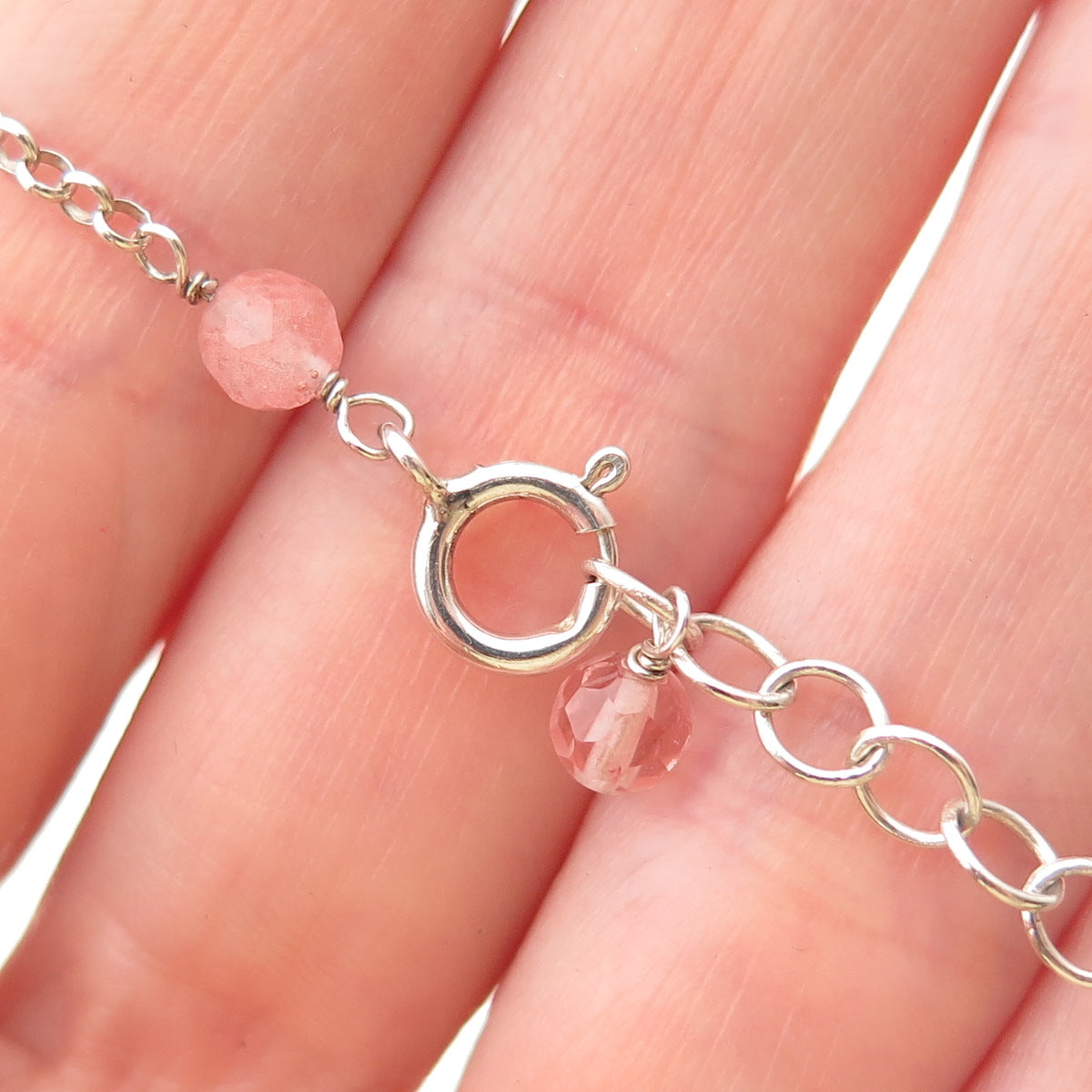 925 Sterling Silver Vintage Real Rose Quartz MOP Inlay Rolo Link Bracelet 6.5-8"
