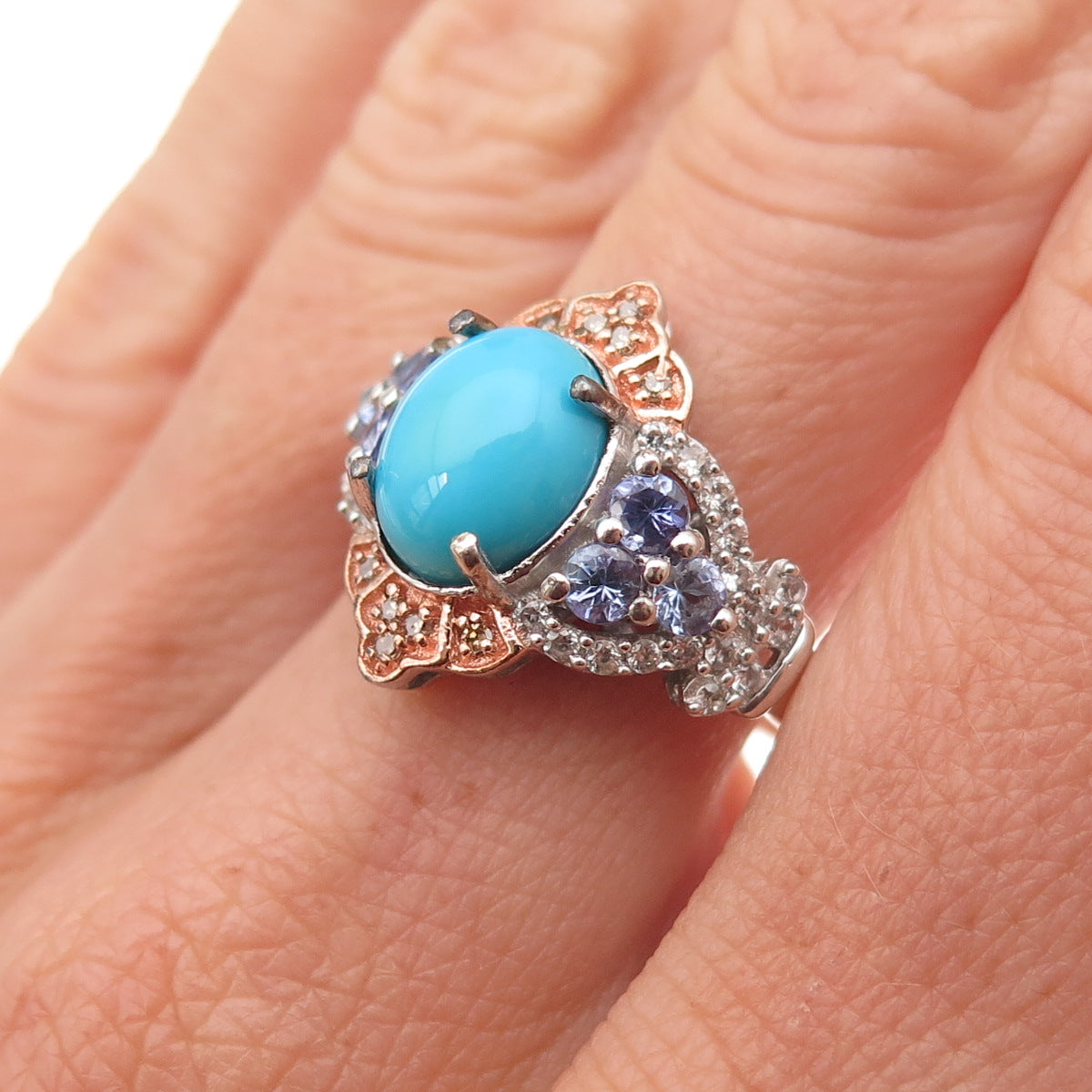 Chuck Clemency 925 Sterling 2-Tone Diamond Turquoise Tanzanite Topaz Ring Size 8