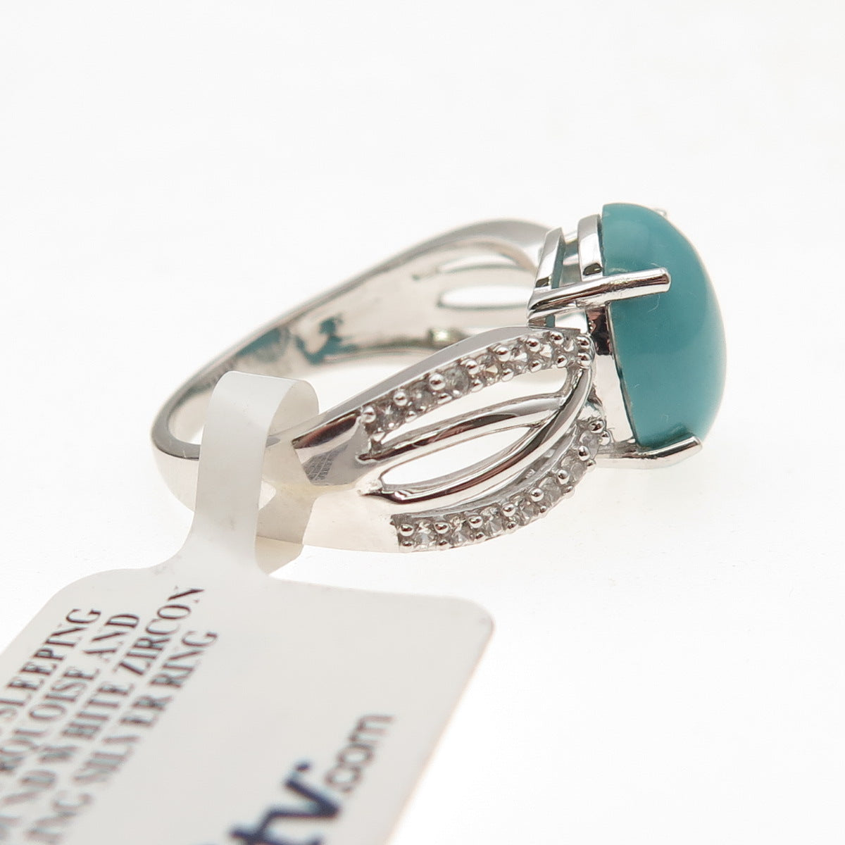 925 Sterling Silver Real Sleeping Beauty Turquoise & White Topaz Ring Size 8.25