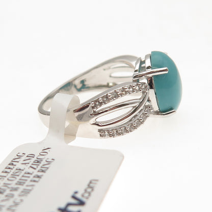 925 Sterling Silver Real Sleeping Beauty Turquoise & White Topaz Ring Size 8.25