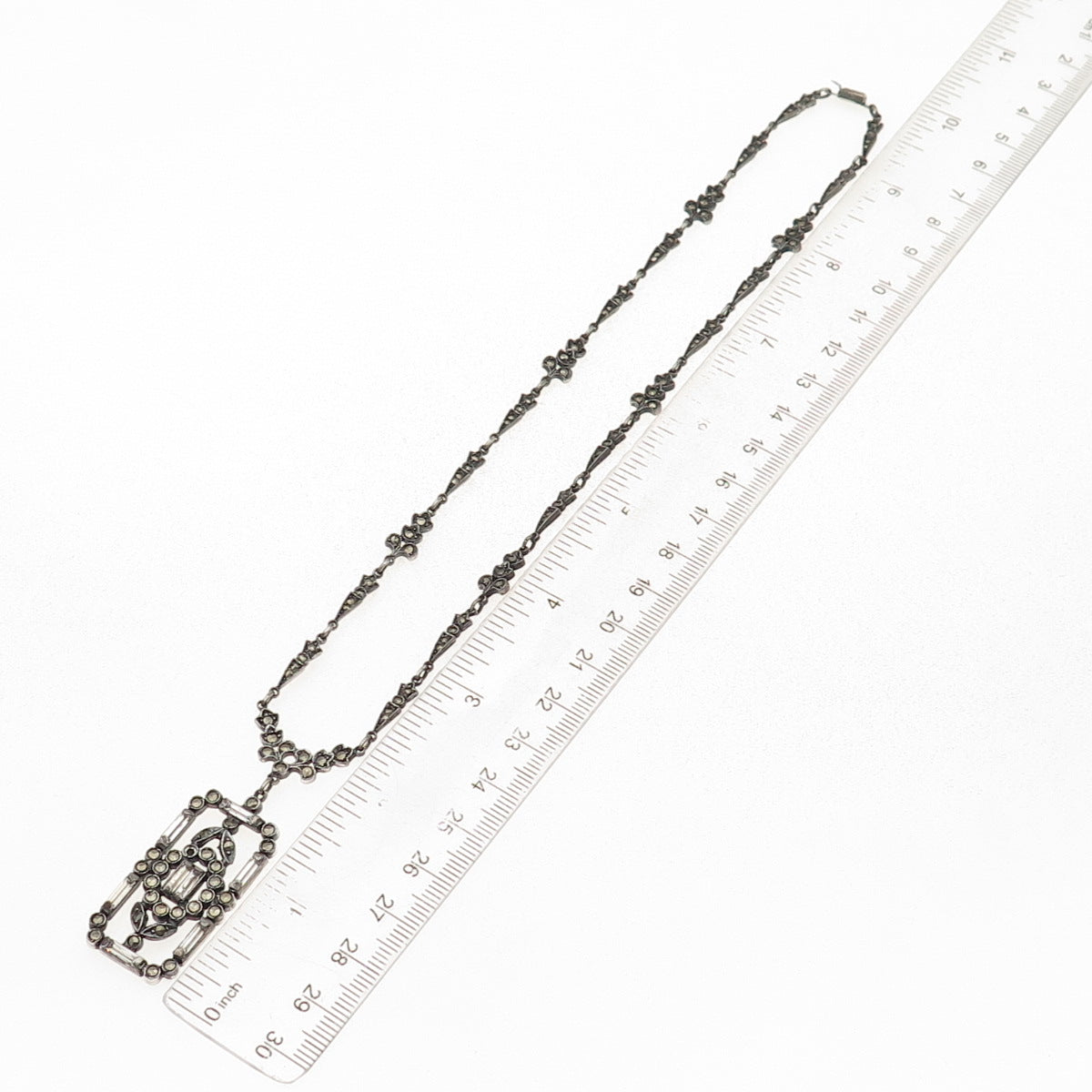 925 Sterling Antique Rhinestone & Marcasite Chain Necklace 16" (missing 1 stone)