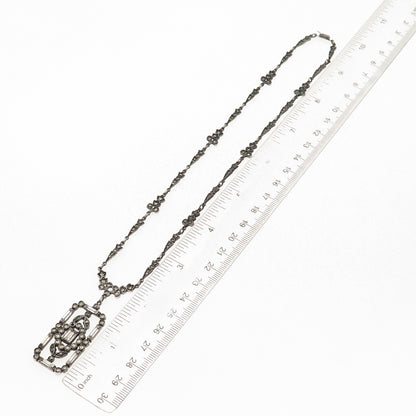 925 Sterling Antique Rhinestone & Marcasite Chain Necklace 16" (missing 1 stone)
