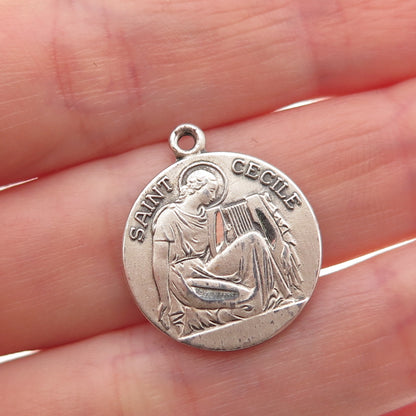 925 Sterling Silver Vintage Saint Cecilia Medal Oxidized Charm Pendant