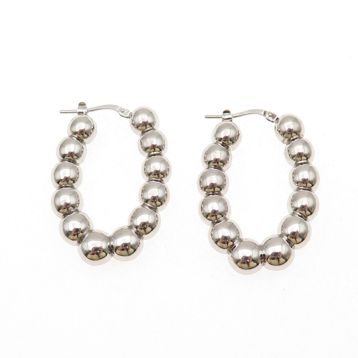 925 Sterling Silver Italy Ball Beaded Oval Hoop Earrings